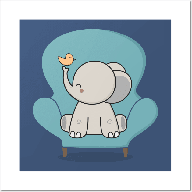 Kawaii Cute Elephant And Bird Wall Art by wordsberry